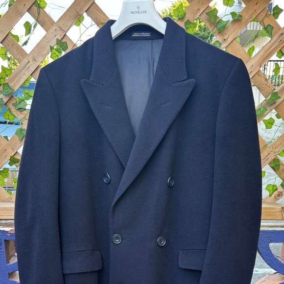 Holt Renfrew Made in England Double Breasted Navy Cashmere Overcoat Med - Large - Picture 1 of 16